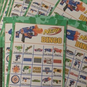 NERF BLUE & ORANGE Party BINGO, TATTOOS, NAME BADGES & handmade  BULLET HOLSTER